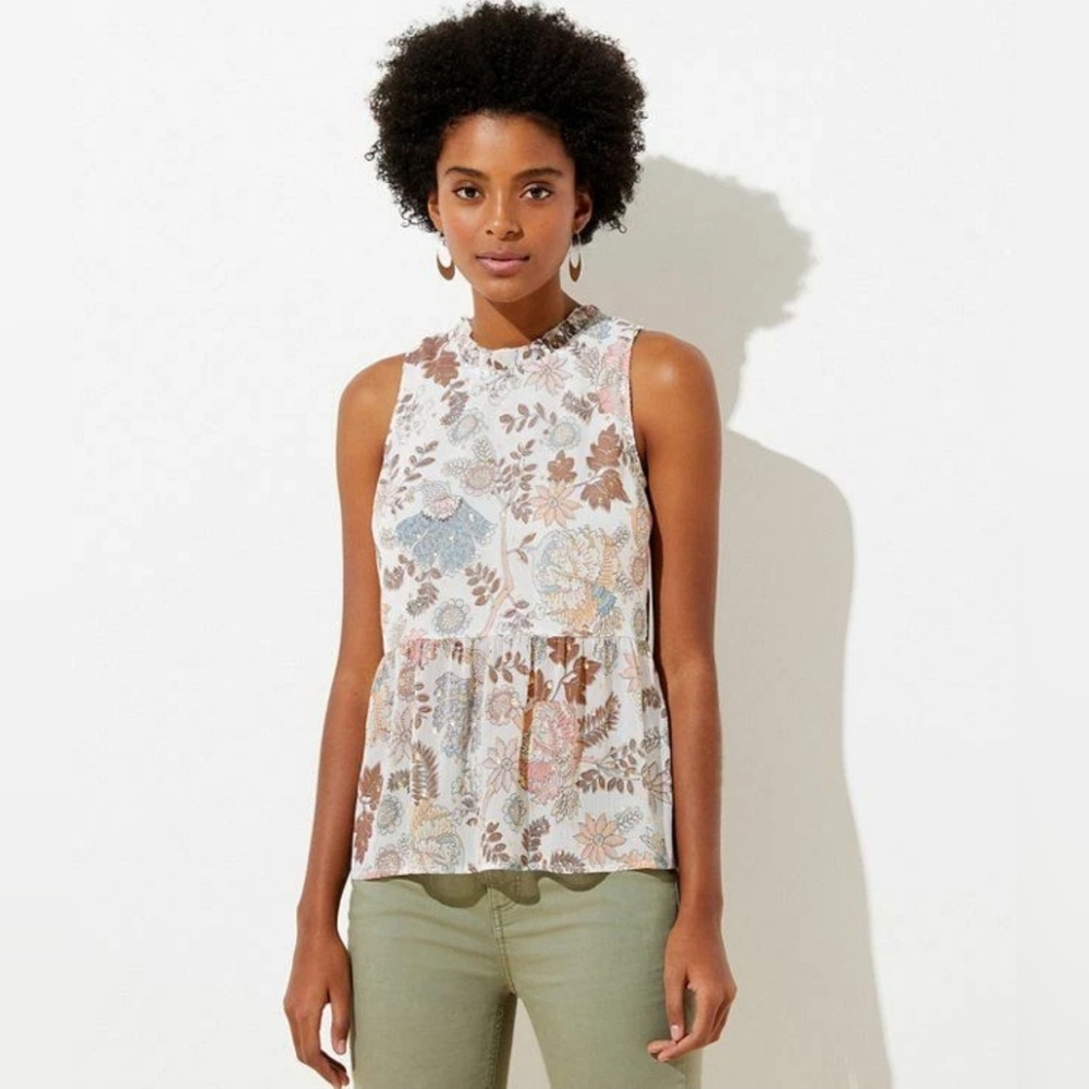 LOFT Petite White Gold Shimmer Floral Tie Back Peplum Shell, Petite Small PS
